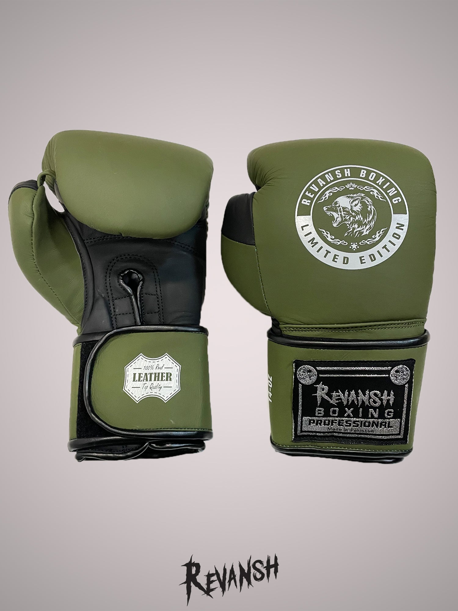 Boxing gloves REVANSH, khaki-black, genuine leather, BGL028GRBK