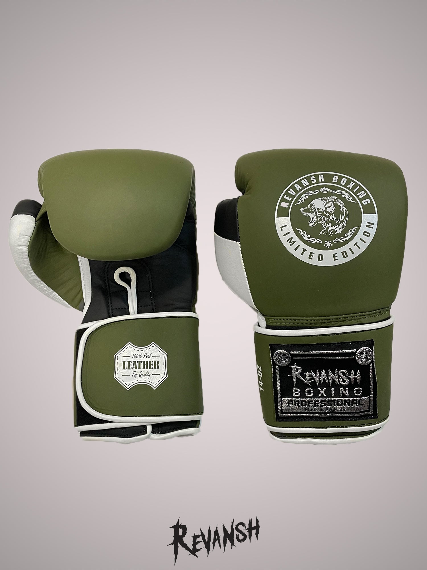 Boxing gloves REVANSH, khaki-black-white, genuine leather, BGL024BKGNWE