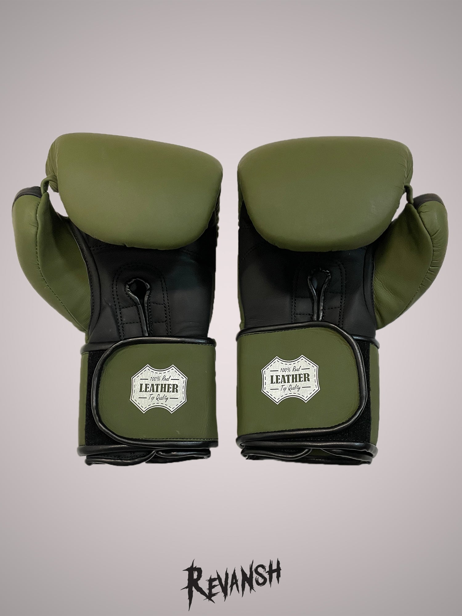 Boxing gloves REVANSH, khaki-black, genuine leather, BGL028GRBK