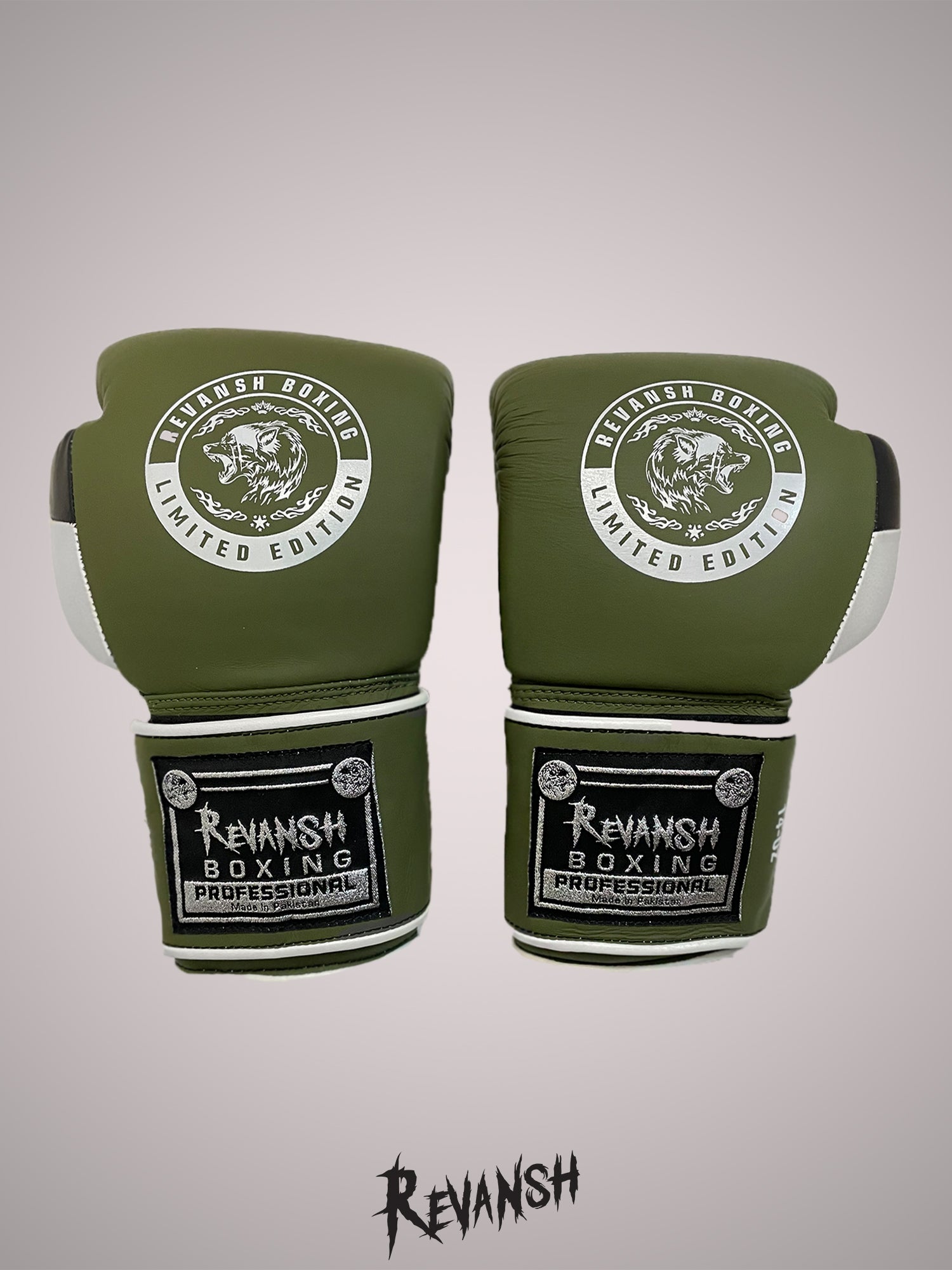 Boxing gloves REVANSH, khaki-black-white, genuine leather, BGL024BKGNWE