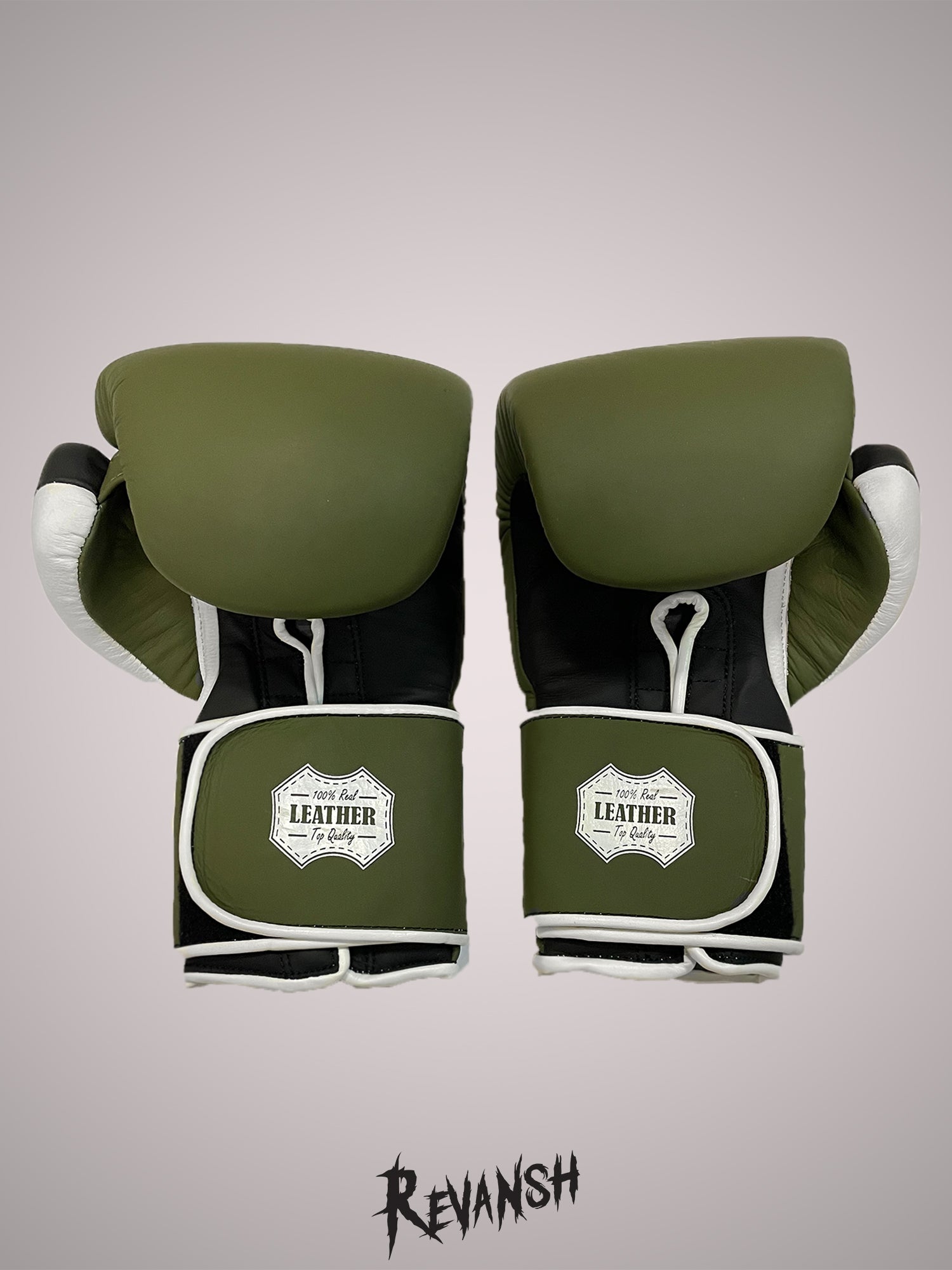 Boxing gloves REVANSH, khaki-black-white, genuine leather, BGL024BKGNWE