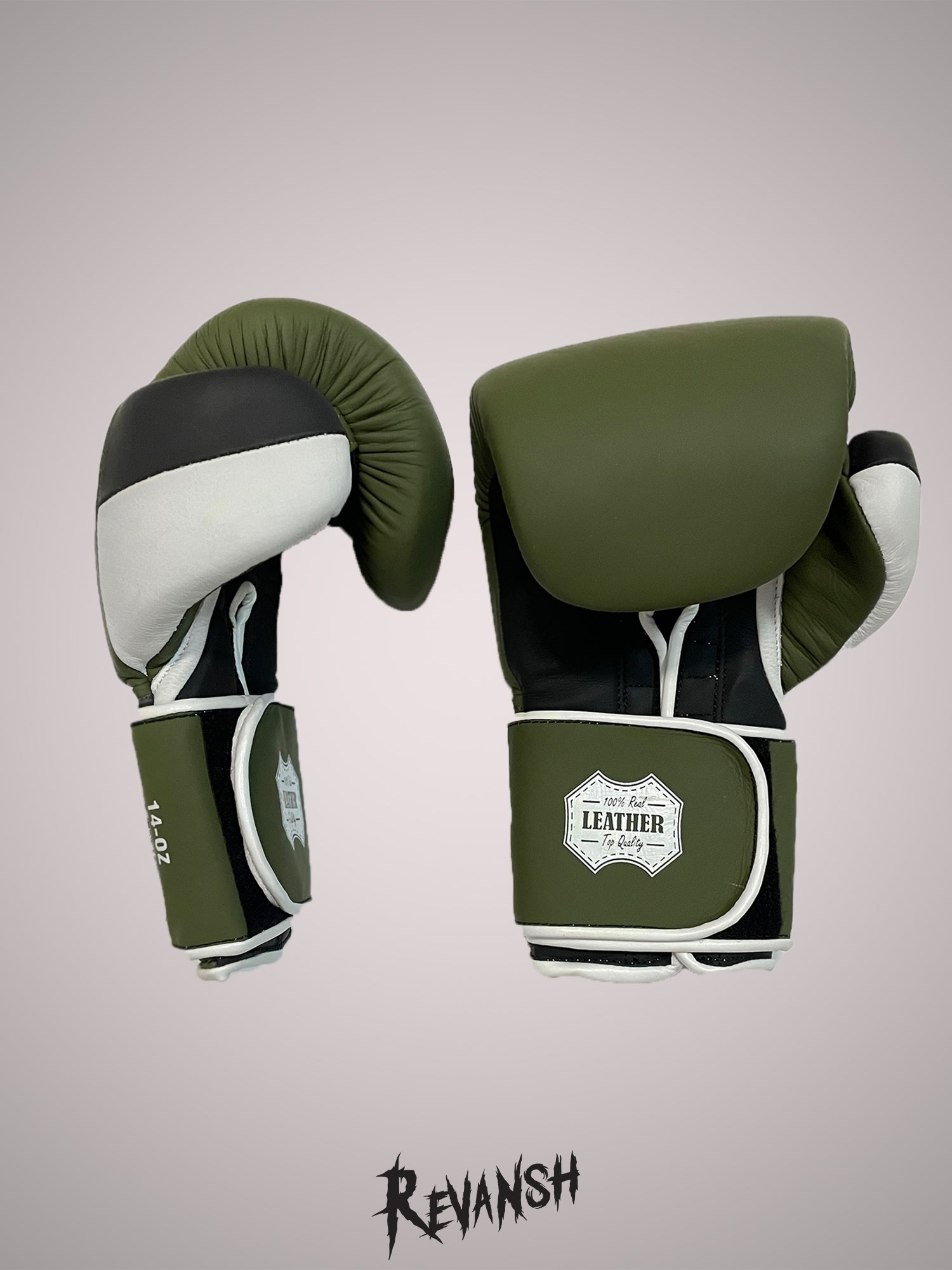 Boxing gloves REVANSH, khaki-black-white, genuine leather, BGL024BKGNWE