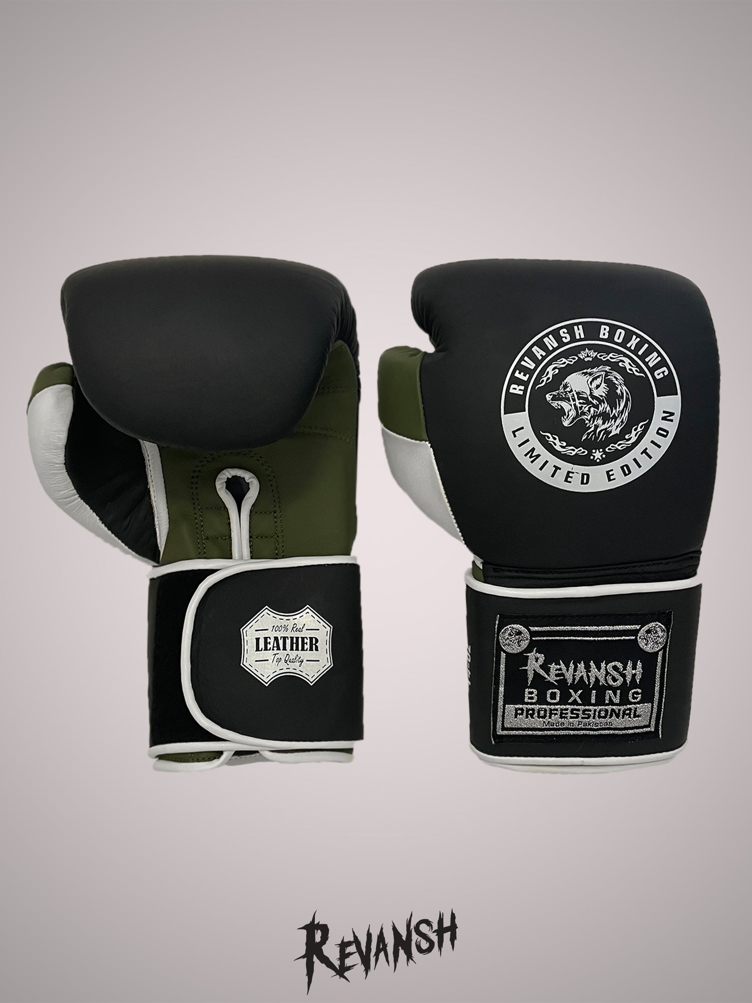 Boxing gloves REVANSH, black-khaki-white, genuine leather, BGL024BKGNWE