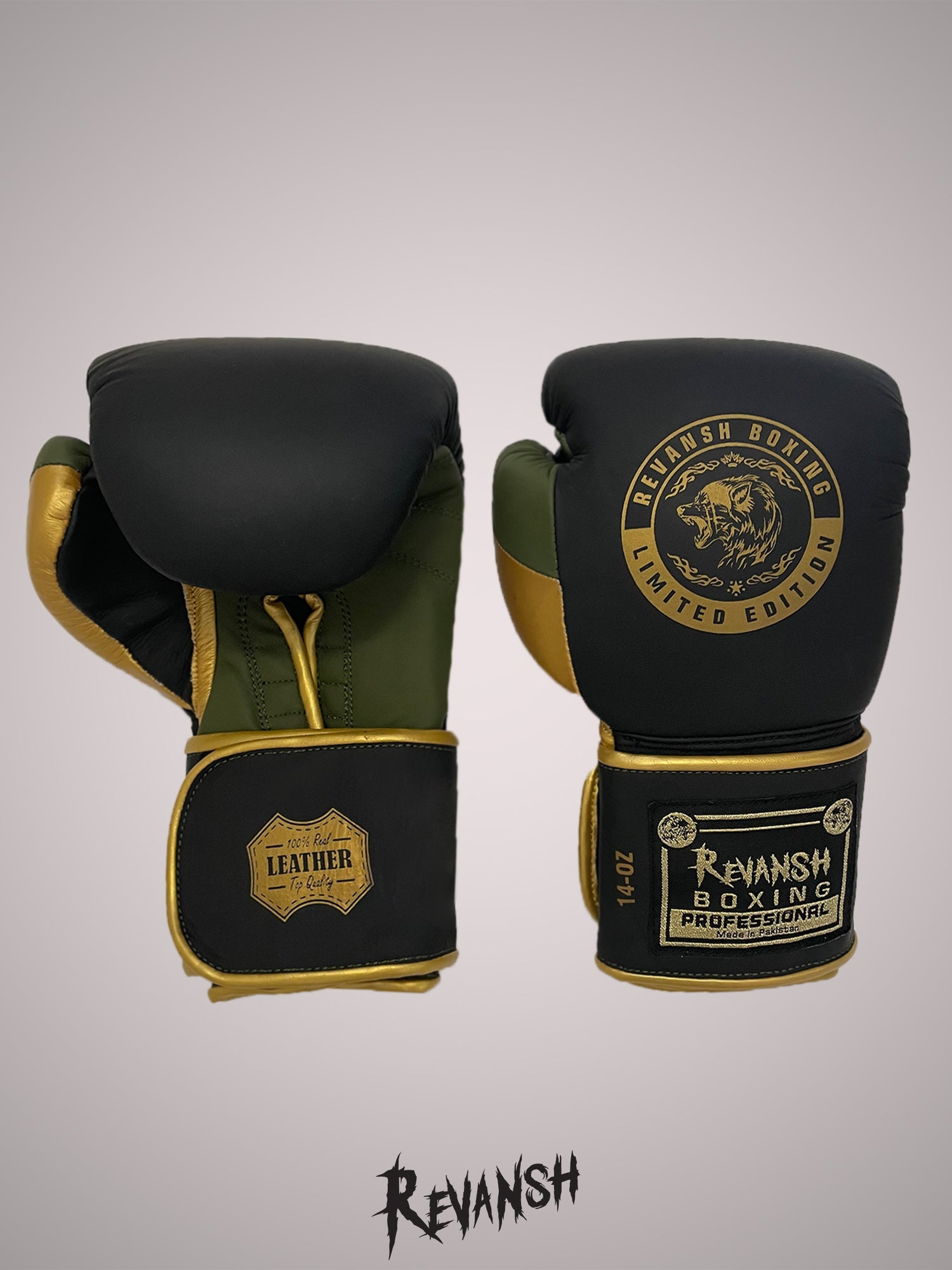 Boxing gloves REVANSH, black-khaki-gold, genuine leather, BGL025BKGRGN