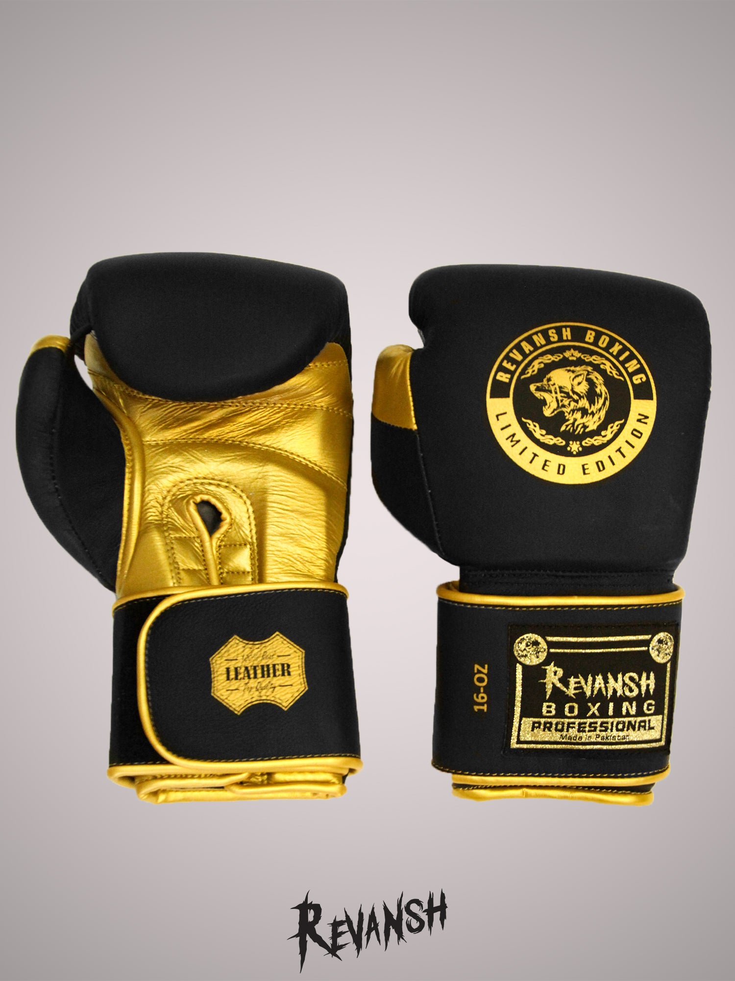 Boxing gloves REVANSH PRO Gold, BGL001, black and gold, genuine leather