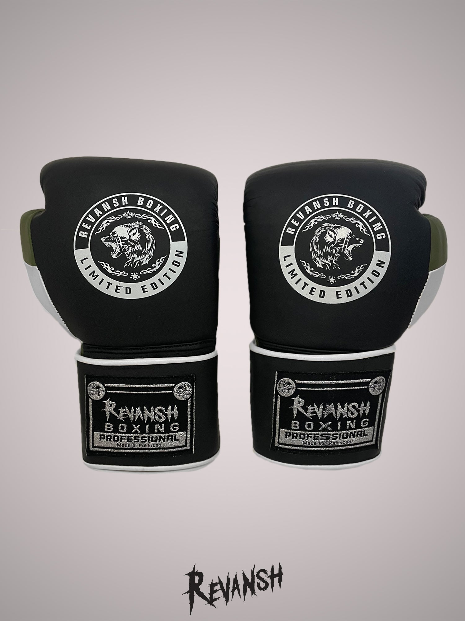Boxing gloves REVANSH, black-khaki-white, genuine leather, BGL024BKGNWE