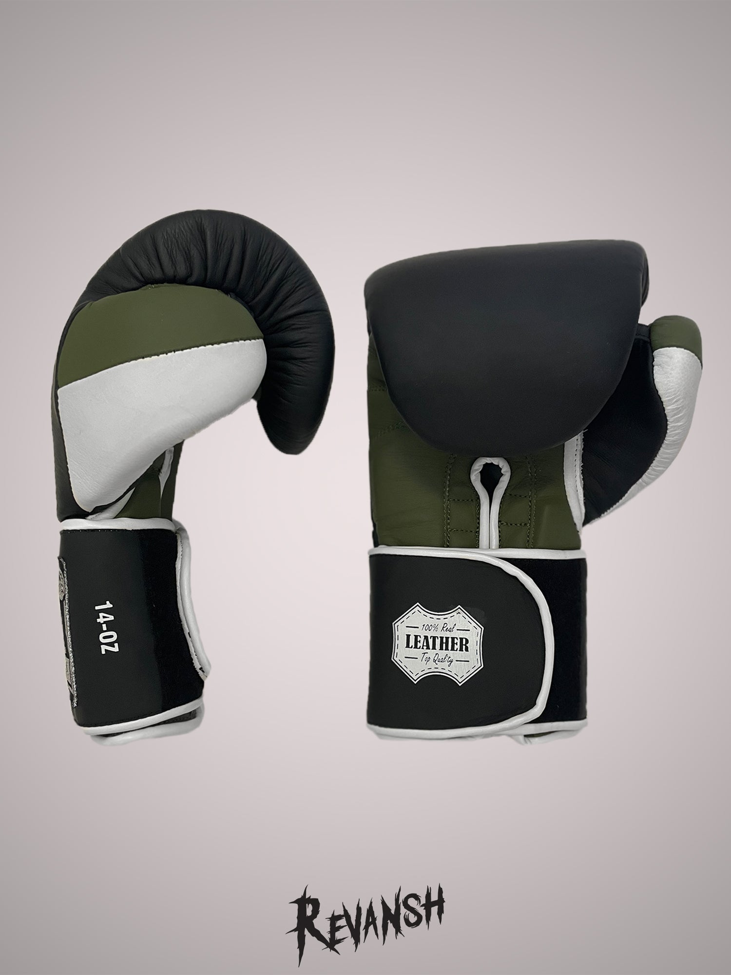 Boxing gloves REVANSH, black-khaki-white, genuine leather, BGL024BKGNWE