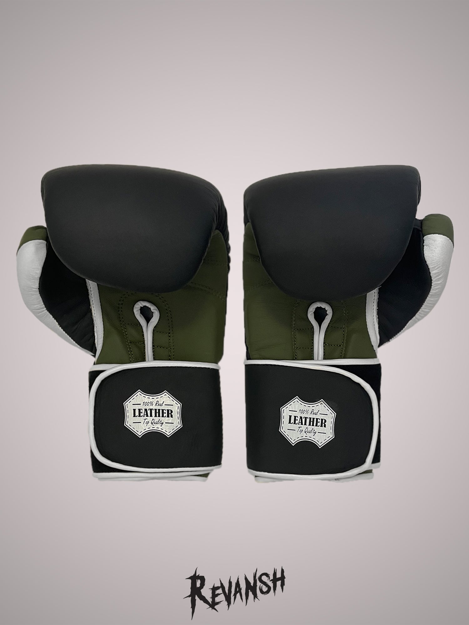Boxing gloves REVANSH, black-khaki-white, genuine leather, BGL024BKGNWE