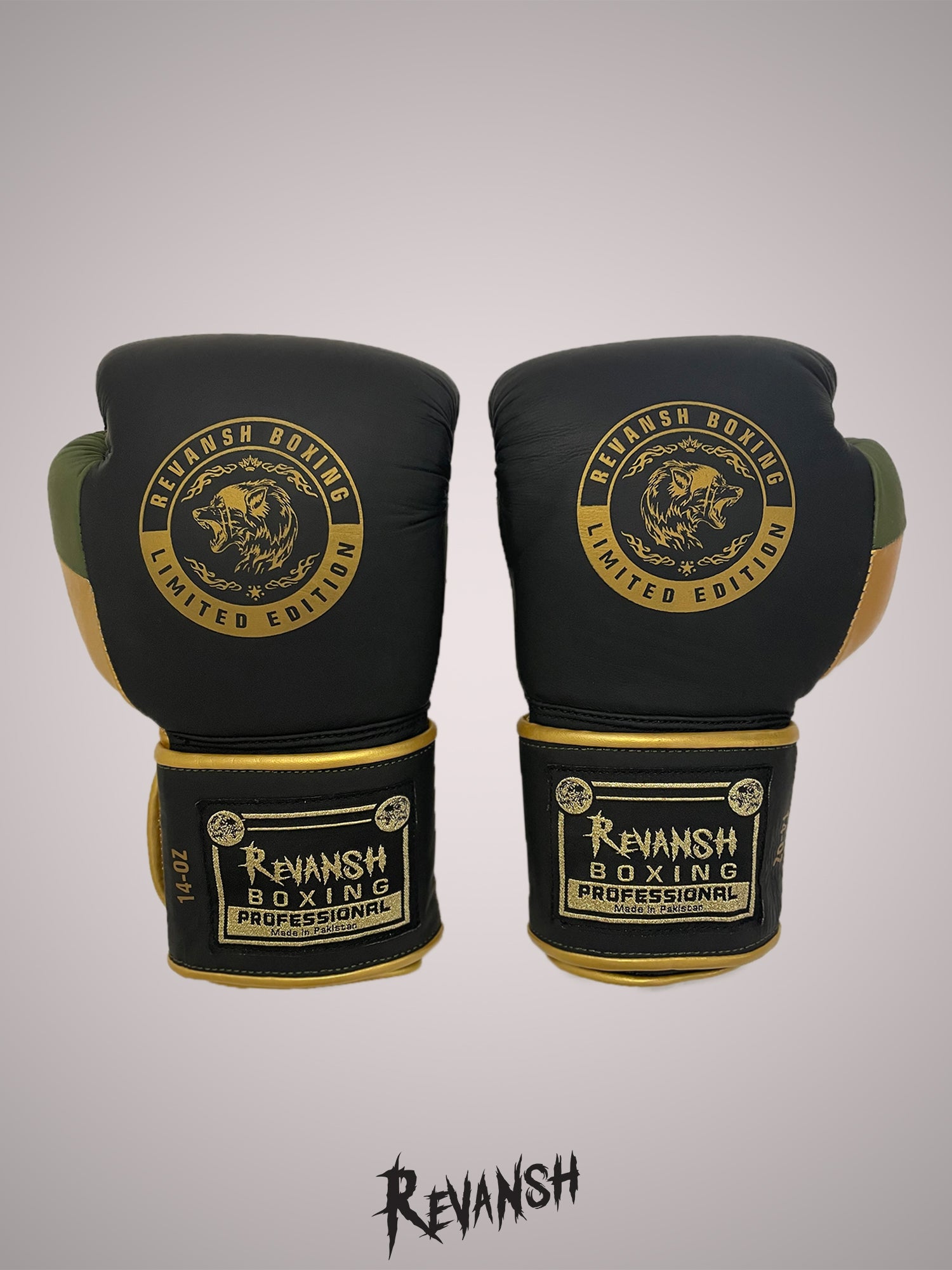 Boxing gloves REVANSH, black-khaki-gold, genuine leather, BGL025BKGRGN