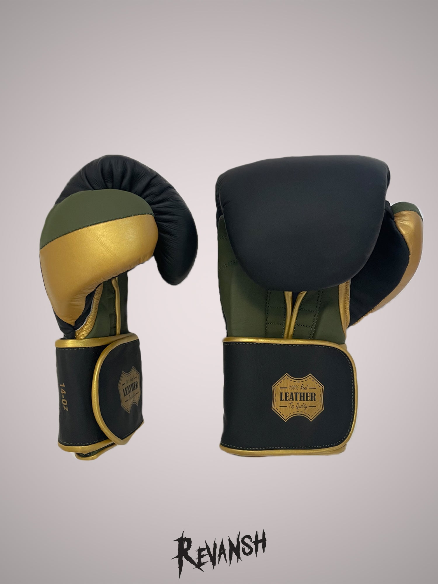Boxing gloves REVANSH, black-khaki-gold, genuine leather, BGL025BKGRGN